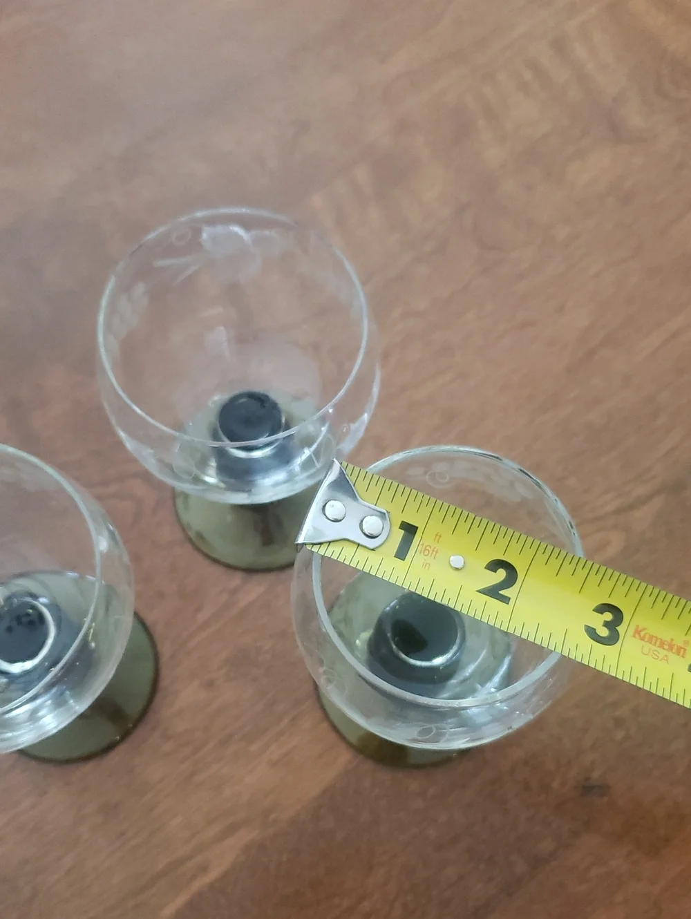 Vtg (3) Etched Grapevine Wine Glasses with Green Stems- 4 Oz